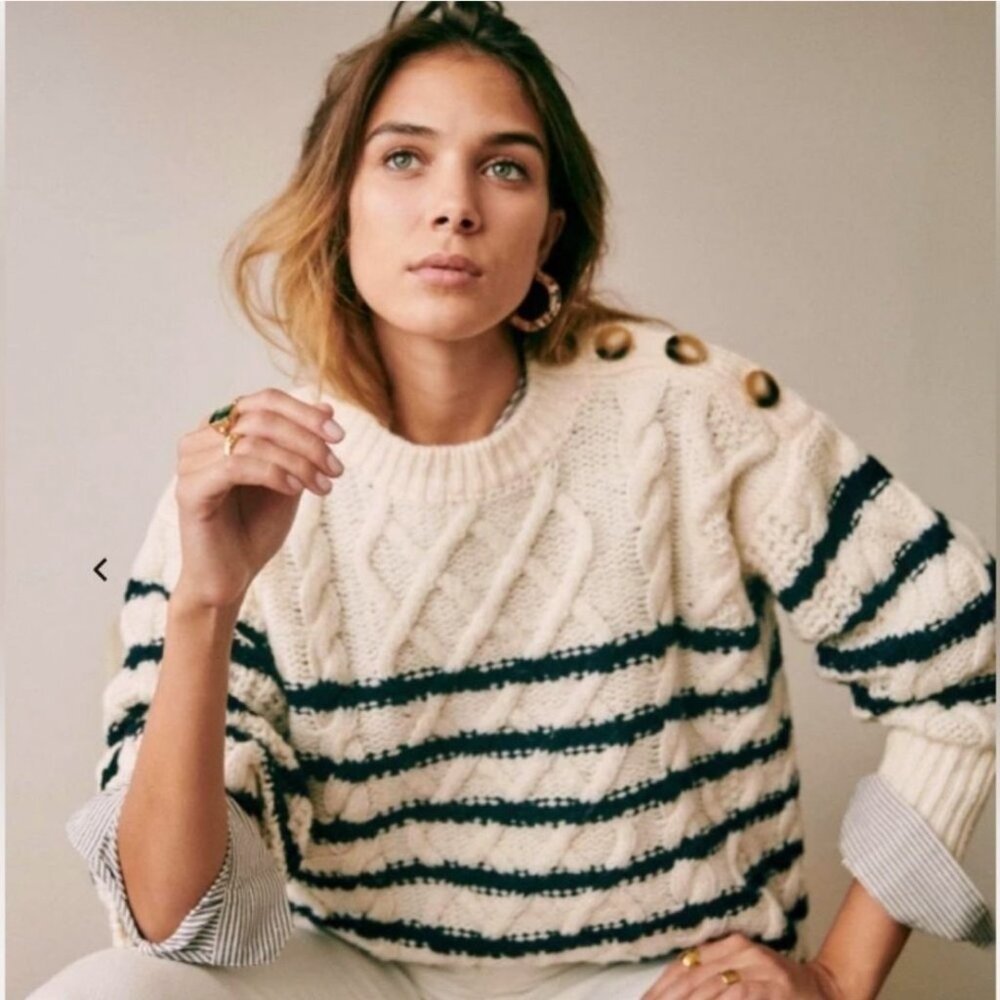 EUC Sezane James 100% Wool Fisherman Striped Sweater Ecru Navy Small